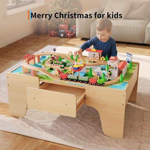 84Piece Train Table, Multipurpose Wooden Toy Activity Playset for Children w/Tracks and Drawer - Natural