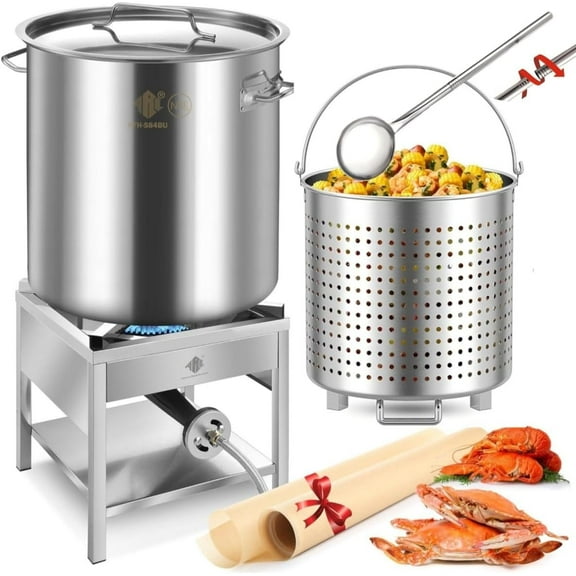84QT Stainless Steel Seafood Boil Pot with 200,000BTU Propane Burner and 48" Large Spoon, Crab Crawfish Boil Pot and Burner for Outdoors Cooking and Steaming