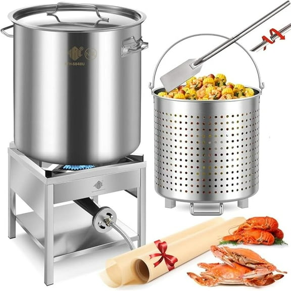 84QT Stainless Steel Seafood Boil Pot with 200,000BTU Propane Burner and 48" Mixing Paddle, Crab Crawfish Boil Pot and Burner for Outdoors Cooking and Steaming