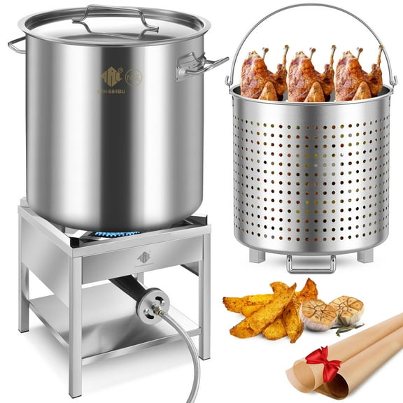 84QT Stainless Steel Seafood Boil Pot with 200,000BTU Propane Burner, w/Basket for Outdoor Deep Fryer, Large Cooking Pot for Turkey Fryer, Crab, Crawfish, Shrimp, Lobster Boiling Stock Pot