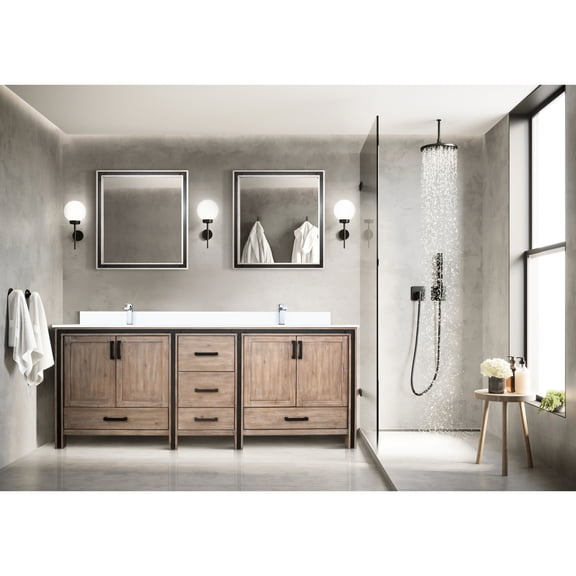 84in. W Rustic Vanity Featuring White Quartz Counter And 34in. Mirrors - Soft Close Drawers For A Tidy Bathroom Appearance Double Bath With Top Spacious Drawer Space Practical Storage