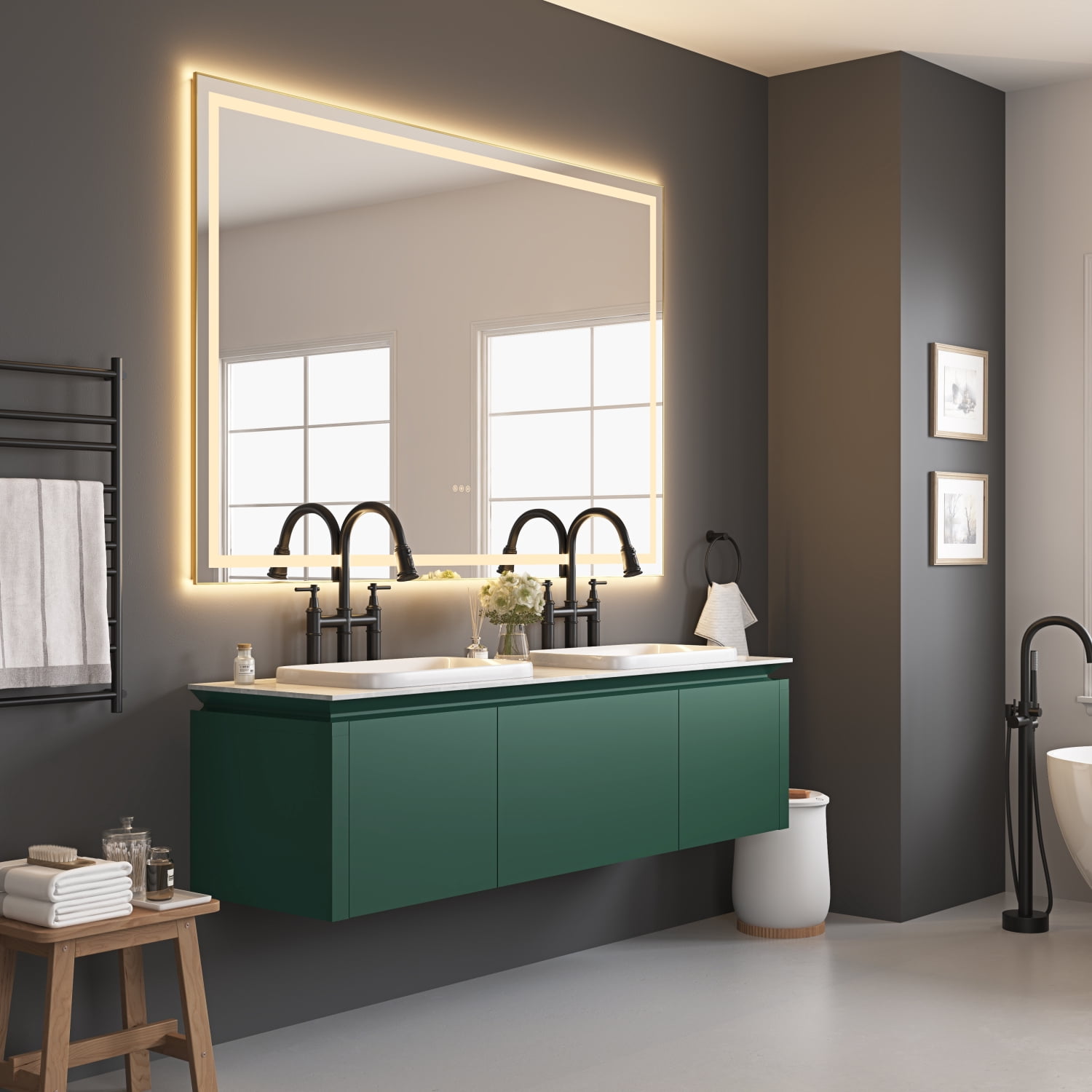 84in. W x 48in. H Oversized Rectangular Black Framed LED Mirror Anti ...