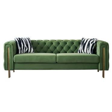 84inch Sofa, Modern Velvet Couch with 2 Pillows, Button Tufted Sofa with Wide Arms and Golden Metal Legs for Living Room Bedroom and Office, Turquoise