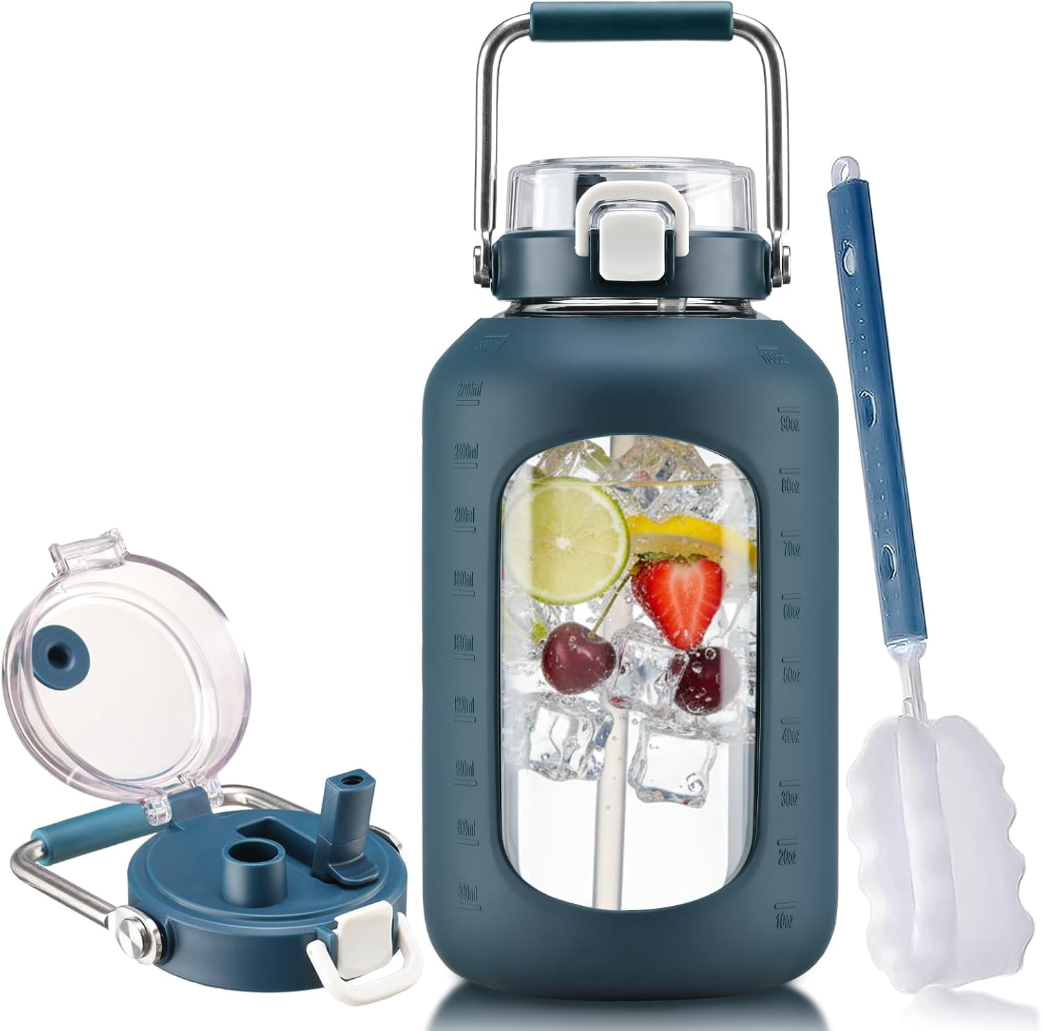 84oz Water Bottle Glass with Stainless Steel Handle Large 2.5l Water Bottle with Time Markers and Silicone Sleeve Half Gallon Water Jug BPA Free for Gym Daily Use