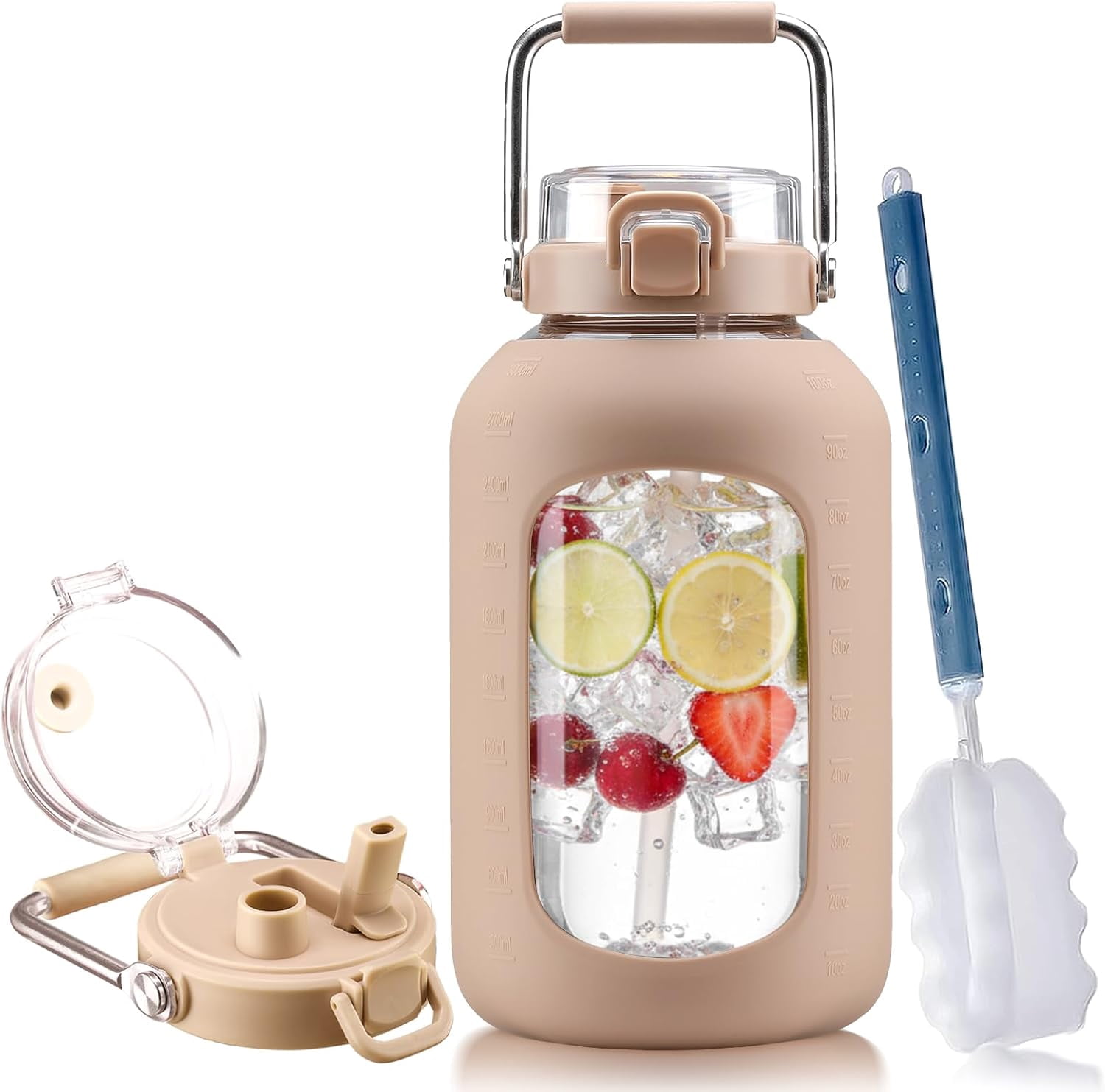 84oz Water Bottle Glass with Stainless Steel Handle Large 2.5l Water Bottle with Time Markers and Silicone Sleeve Half Gallon Water Jug BPA Free for Gym Daily Use