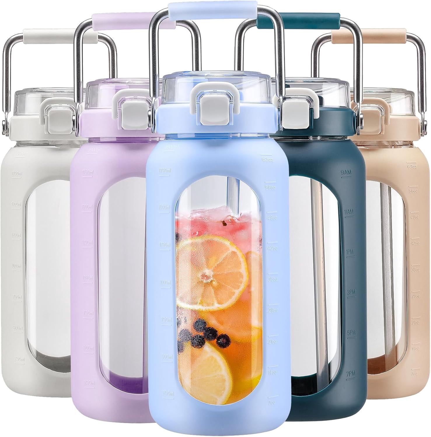 84oz Water Bottle Glass with Stainless Steel Handle Large 2.5l Water Bottle with Time Markers and Silicone Sleeve Half Gallon Water Jug BPA Free for Gym Daily Use