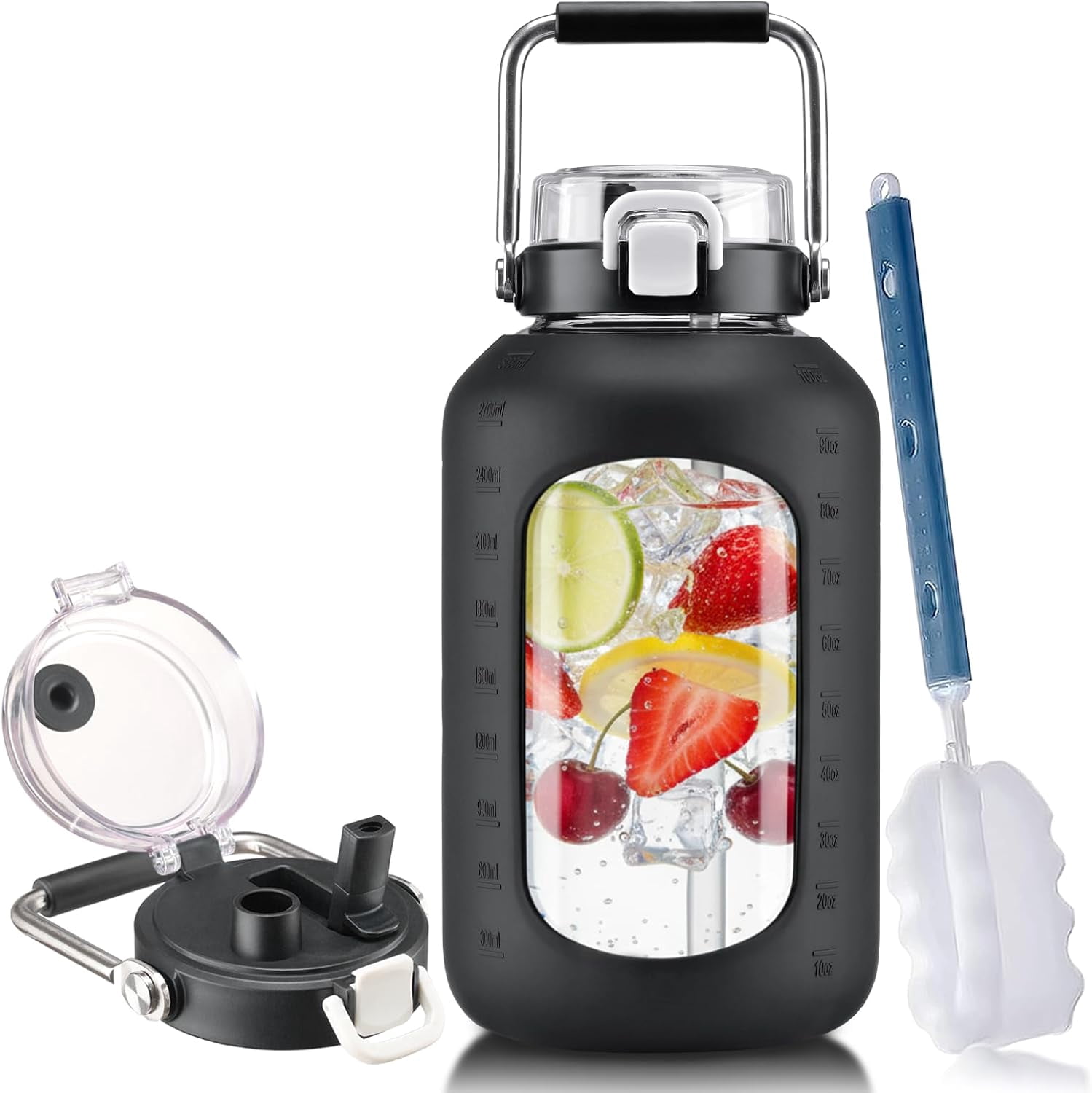 84oz Water Bottle Glass with Stainless Steel Handle Large 2.5l Water Bottle with Time Markers and Silicone Sleeve Half Gallon Water Jug BPA Free for Gym Daily Use