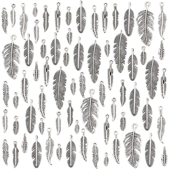84pcs 14 Styles Feather Charms Pendants Antique Silver Feathers Pendants Tibetan Style Metal Charm Beads for Dreamer Catcher Earring Necklace Bracelet Native Jewelry Making 12~40mm