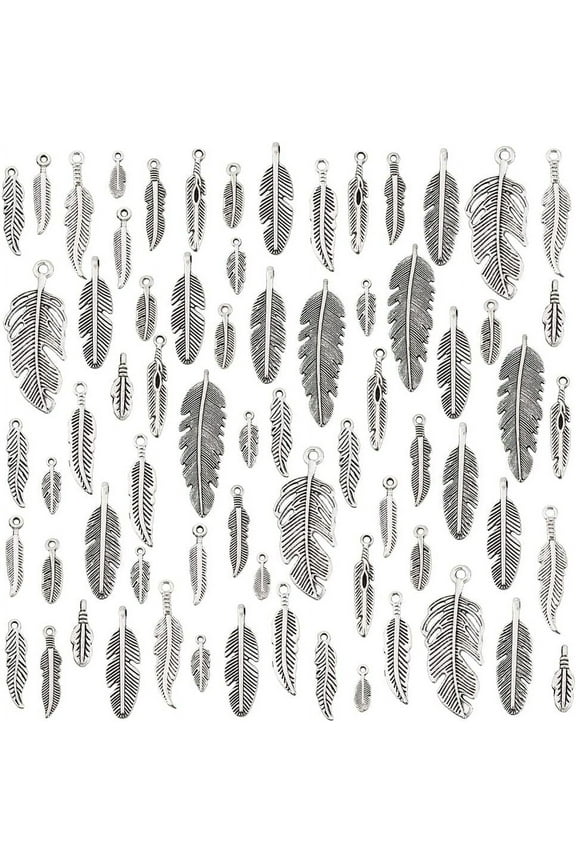 84pcs 14 Styles Feather Charms Pendants Antique Silver Feathers Pendants Tibetan Style Metal Charm Beads for Dreamer Catcher Earring Necklace Bracelet Native Jewelry Making 12~40mm
