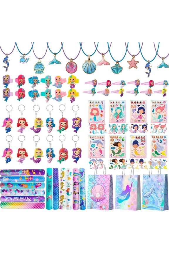 84pcs Mermaid Party Favors for Boys and Girls with Mermaid Birthday Rings Keychain Slap Bracelets Bags Hair Clips Necklace etc Mermaid Birthday Party Favors