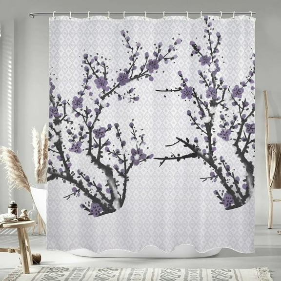 84x72 Inch Floral Extra Long Fabric Shower Curtain Cherry Blossom Japanese Polyester Bath Curtain Farmhouse Plum Blossom Shower Curtains for Kids Bathroom Decor Waterproof with Hooks