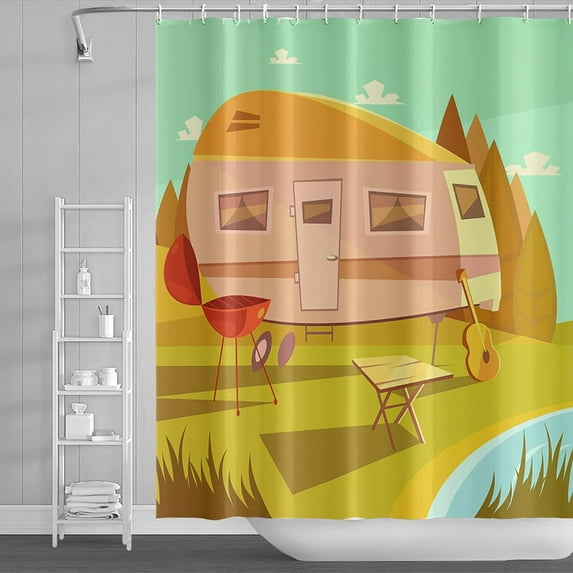 84x72inch Cartoon Camping Shower Curtain Happy Camper RV Shower Curtain Sets Outdoor Travel Adventure Camper Trailer RV Modern Art Bathroom Curtain Set Decor with Hooks Waterproof