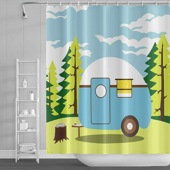 84x72inch Forest Camping Bath Curtain Camper Trailer RV Shower Curtain Sets Blue Sky Spring Forest Travel Camping Adventure Bathroom Curtain Set Decor Hooks Included Waterproof