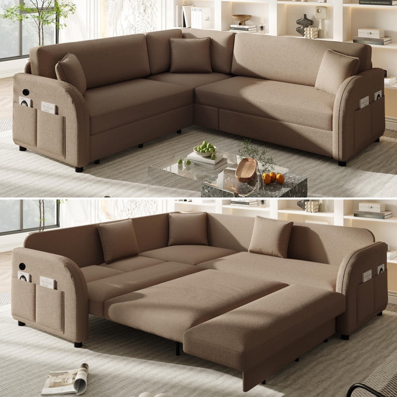 85.1" L-Shaped Sectional Sofa Set, Pull-Out Oversized Convertible Sleeper Sofa Bed w/ USB Port, Upholstered Teddy Fabric Couch w/ Pocket