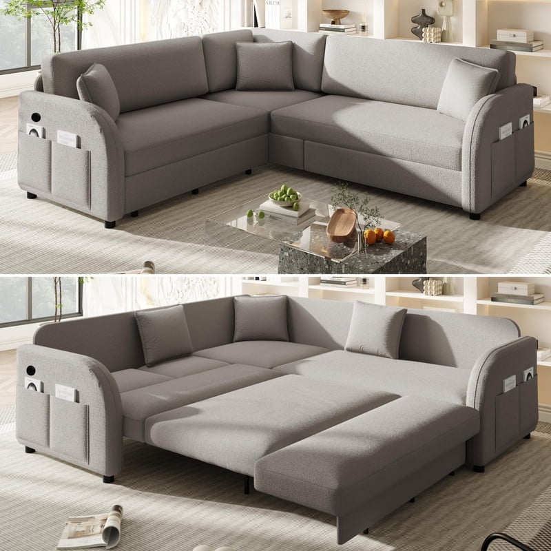 85.1" L-Shaped Sectional Sofa Set, Pull-Out Oversized Convertible Sleeper Sofa Bed w/ USB Port, Upholstered Teddy Fabric Couch w/ Pocket