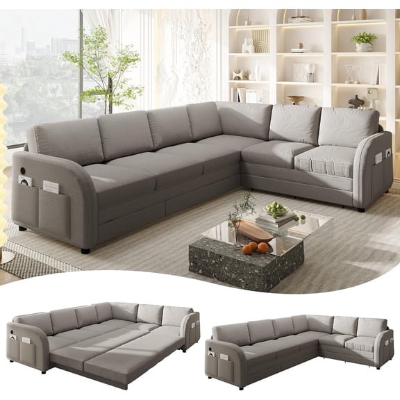 85.1'' Pull Out Couch Bed King Size, Convertible Sleeper Sofa, Upholstered 4-Seater L-Shaped Couch with Side Pockets, USB, 3 Pillows, Teddy Sectional Couches for Living Room, Apartment