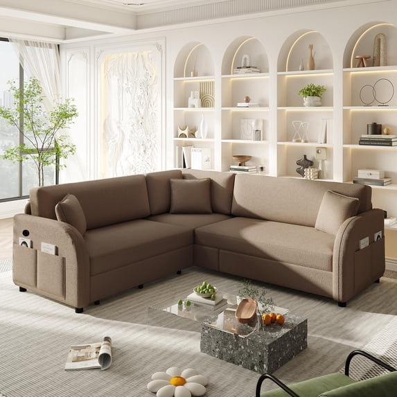 85.1" Reversible L-Shaped Pull-Out Sofa Bed with USB Port & Side Pocket, Oversize Teddy Fleece Sectional Sleeper Couch (Left/Right Convertible, Brown)