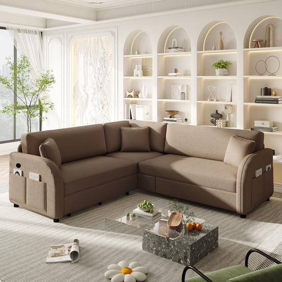 85.1" Reversible L-Shaped Pull-Out Sofa Bed with USB Port & Side Pocket, Oversize Teddy Fleece Sectional Sleeper Couch (Left/Right Convertible, Brown)