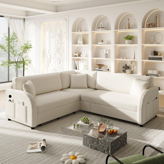 85.1" Reversible L-Shaped Pull-Out Sofa Bed with USB Port & Side Pocket, Oversize Teddy Fleece Sectional Sleeper Couch (Left/Right Convertible, White)