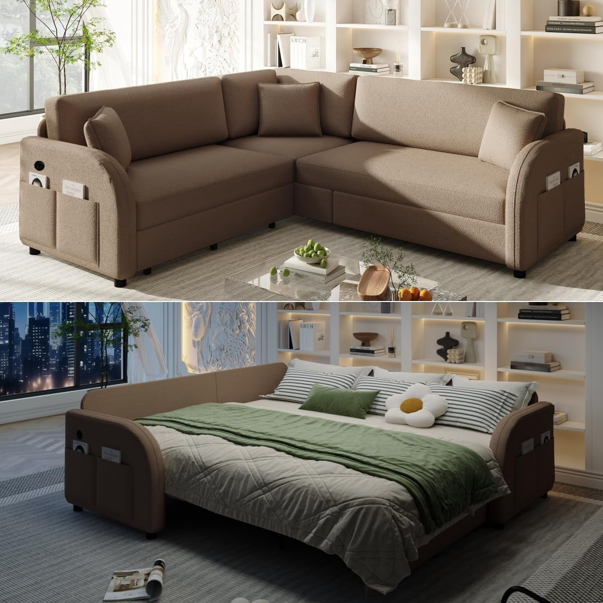 85.1'' Sleeper Sofa Bed King Size, Convertible Pull Out Couch, 5-Seater L-Shaped Sectional Couches, Plush Sherpa Upholstered Sofa, Side Pockets, USB, 3 Pillows for Living Room, Apartment, Brown