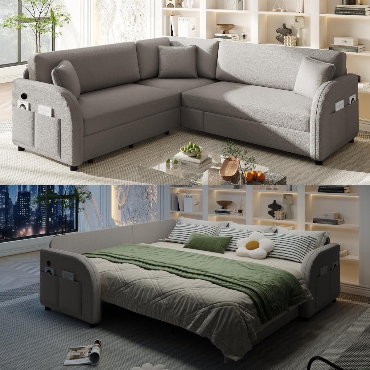 85.1'' Sleeper Sofa Bed King Size, Convertible Pull Out Couch, 5-Seater L-Shaped Sectional Couches, Sherpa Upholstered Sofa, Side Pockets, USB, 3 Pillows for Living Room, Apartment, Light Grey