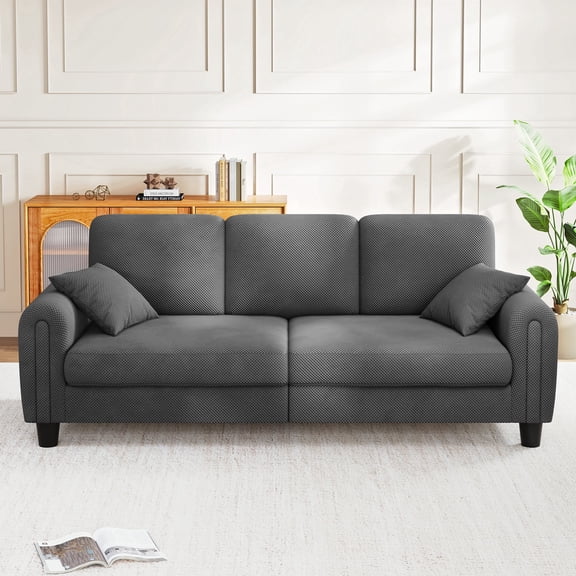 3 Seater Sofa Couches for Living Room, 84.6" Coffee Bean Textured Fabric, 2 Pillows, Gray
