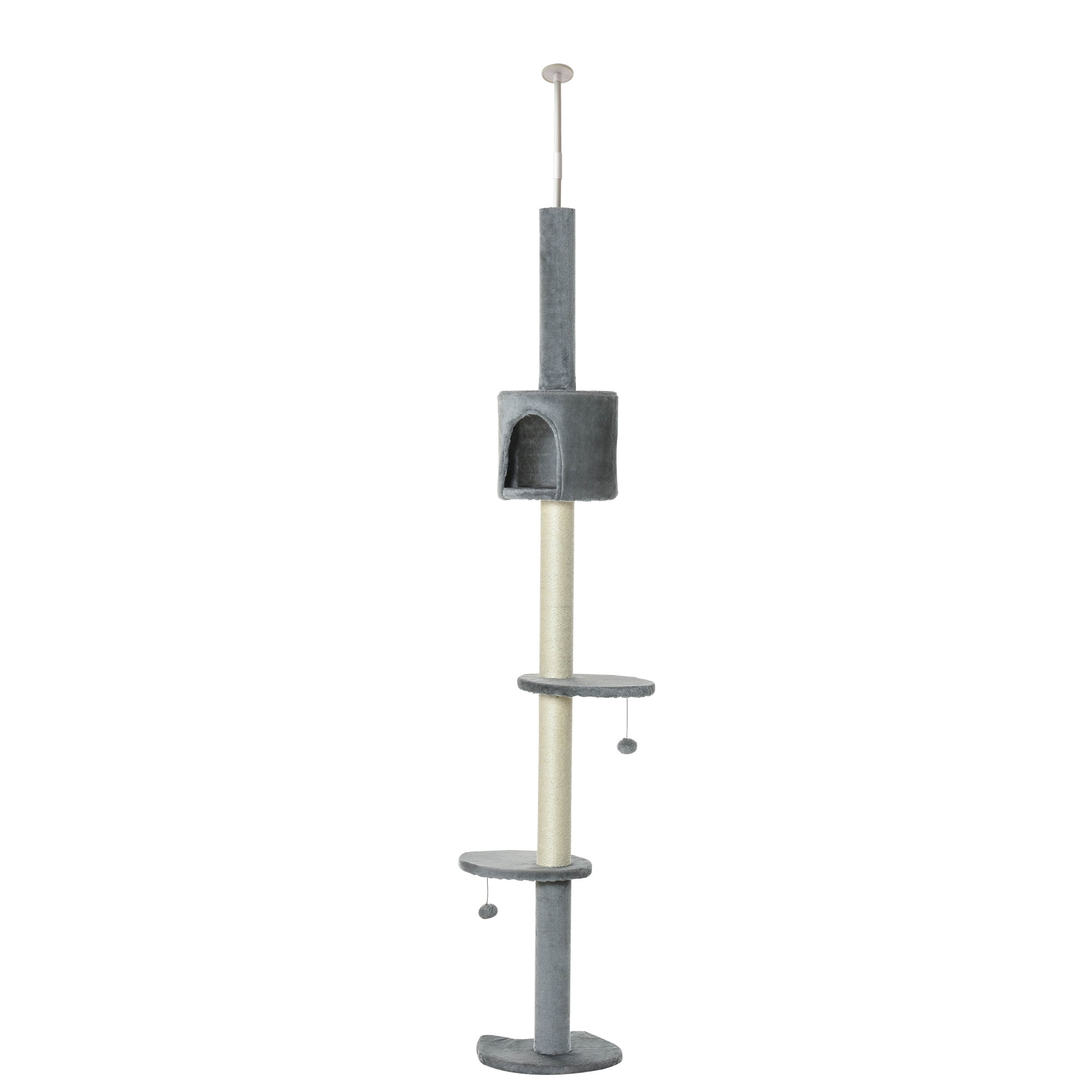 85.5" Cat Tree Height Adjustable Floor-to-Ceiling 4-Tier Kitty Climbing Activity Center Condo Cat Toy with Scratching Post Hanging Balls Play Rest Post Pet Furniture Grey