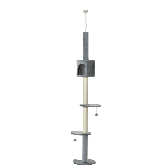 85.5" Cat Tree Height Adjustable Floor-to-Ceiling 4-Tier Kitty Climbing Activity Center Condo Cat Toy with Scratching Post Hanging Balls Play Rest Post Pet Furniture Grey