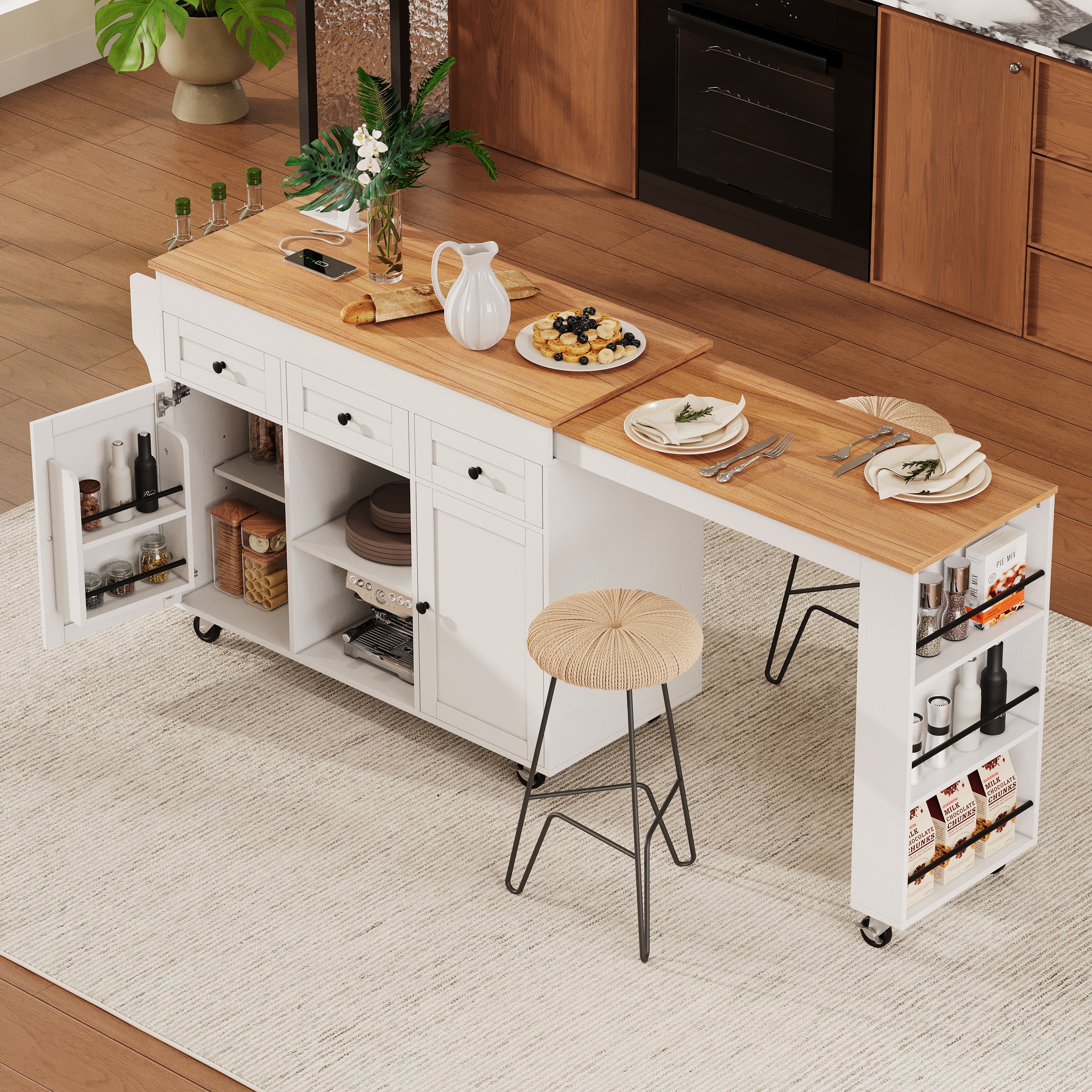 85.5" Kitchen Island with Extendable Dining Table, Kitchen Storage ...