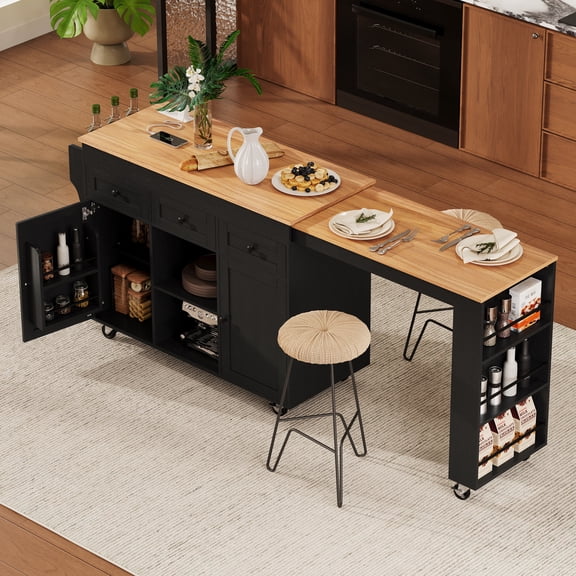 85.5" Kitchen Island with Extendable Dining Table, Kitchen Storage Table with 3 Side Open Shelves, Rolling Kitchen Island with Power Outlet, 3 Drawers, 2 Doors, for Kitchen, Dining Room, Black