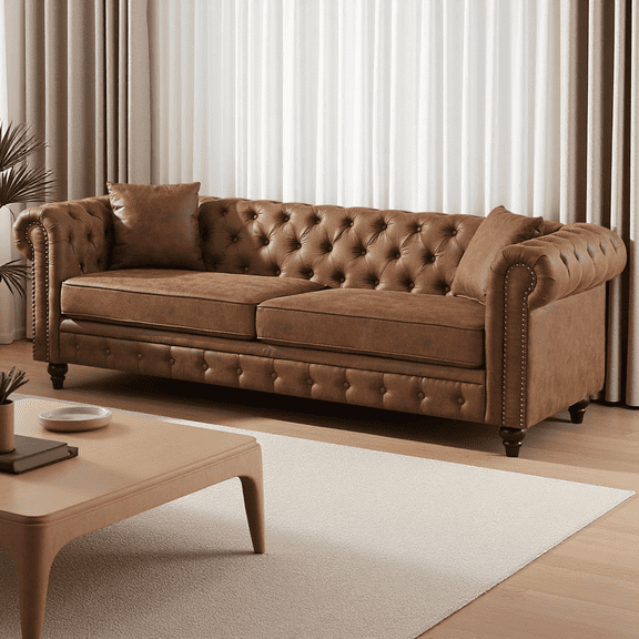 85.5" Rolled Arm 3 Seater Sofa, Tech Fabric Performance Couch with Button Tufted Design, Heavy Duty Wood Frame 750lbs Capacity, Brown
