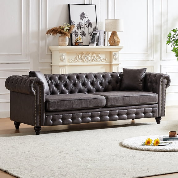 85.5" With Tech Fabric Cover, Button Tufting, 3 Seater For Living Space Grey Style , 85.5", Soft Cushions
