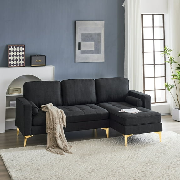 85.8" 3-Seat Sectional Couch, Burlap Sectional Sofa with Chaise Lounge and 5.9" Thick Soft Cushion, Modern L-Shaped Couch for Living Room, Office, Black
