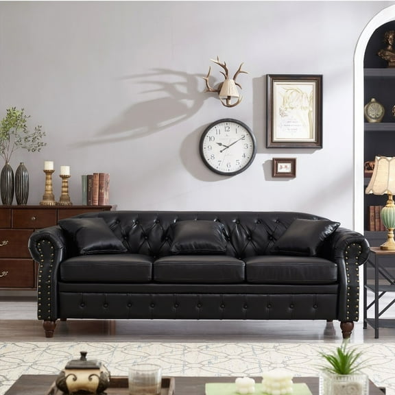 85.8" Classic Tufted Living Room Chesterfield Sofa with Faux Leather PU Upholstery & Storage (Black)