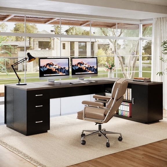 85.8-Inch L-Shaped Executive Desk with File Drawers, Door Cabinet & Shelves
