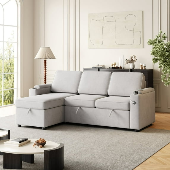 85.8" L-shape Sofa Bed with Charging Port, Cup Holder on Armrest, 2 in 1 Pull Out Sofa Bed with Reversible Storage Chaise for Living Room,Office, Light Grey