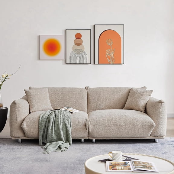 85.8" Modern Boucle Cloud Sofa Couch, 3 Seater Sofa with Solid Metal Legs, 23.6" Extra Deep Seat Couch Upholstered Loveseat Sofa with 2 Throw Pillows for Living Room, Office, Bedroom (Beige)