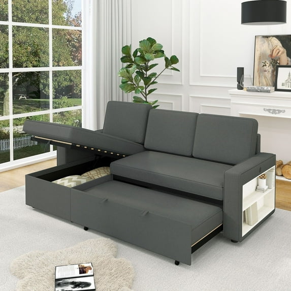 85.8" Pull Out Sleeper Sofa L-Shaped Couch Convertible Sofa Bed with Storage Chaise And Storage Racks