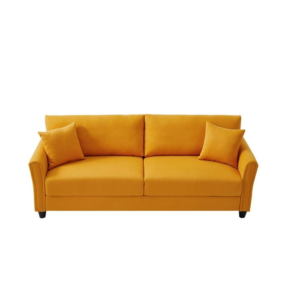 85" Accent Sofa, Modern Linen Couch with 2 Pillow and Solid Wood Frame, Plastic Feet, Three-person Indoor Sofa, Mid Century Modern Sofa Couch for Living Room, Orange