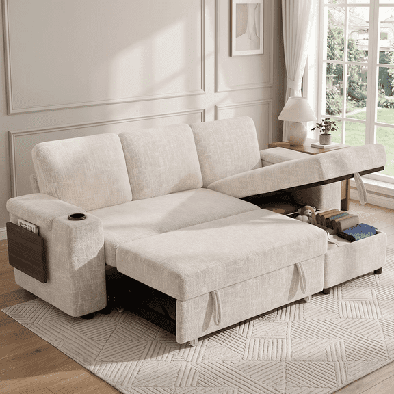 85" Beige Chenille Modular 3-seater L-shaped Sectional Sleeper Sofa Bed with Pull Out Bed,USB Ports,Cup Holders,Side Pockets,Armrest Storage
