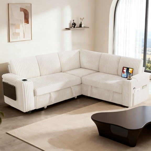 85" Beige Corduroy Modular 5-seater L-shaped Sectional Sleeper Sofa Bed with Pull Out Bed,USB Ports,Cup Holders,Side Pockets,Armrest Storage