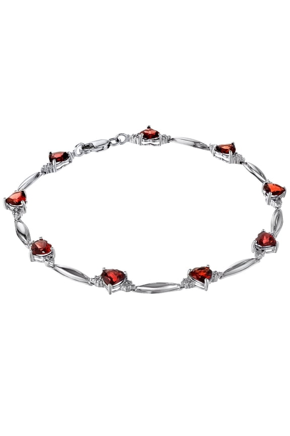 .85 CT Heart 5MM Natural Red Garnet and Diamond Sterling Silver Bracelet