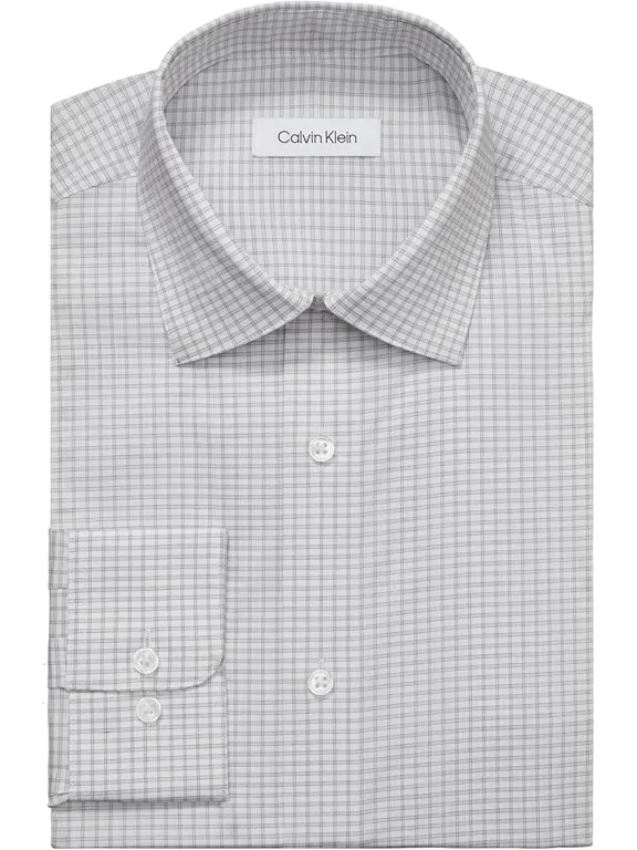 $85 Calvin Klein Dress Shirt Non Iron Stretch Regular Fit Check-Grey 17 32/33