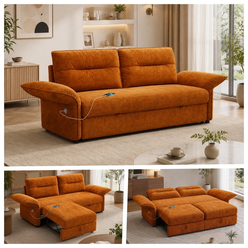 85" Convertible Sofa Bed, 2-in-1 Sleeper Sofa with Plush Fabric, Full-Size Pull-Out Couch with USB Charging Ports, Solid Wood Frame, High-Resilience Foam for Living Room & Small Space