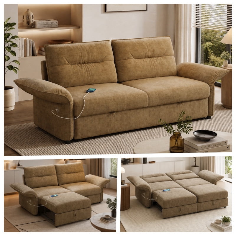 85" Convertible Sofa Bed, 2-in-1 Sleeper Sofa with Plush Fabric, Full-Size Pull-Out Couch with USB Charging Ports, Solid Wood Frame, High-Resilience Foam for Living Room & Small Space