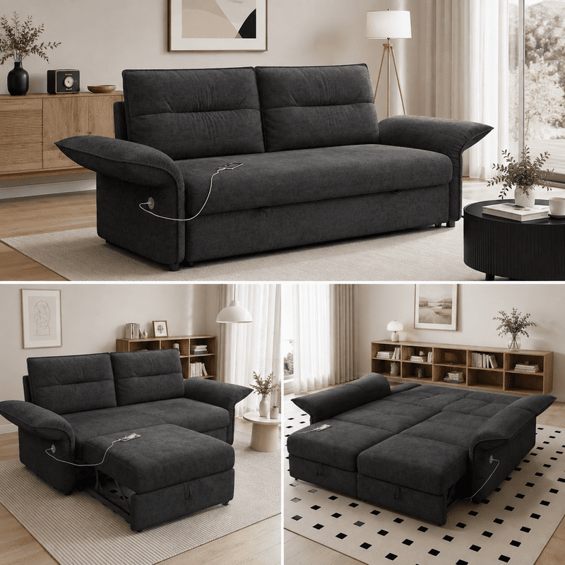 85" Convertible Sofa Bed, 2-in-1 Sleeper Sofa with Plush Fabric, Full-Size Pull-Out Couch with USB Charging Ports, Solid Wood Frame, High-Resilience Foam for Living Room & Small Space