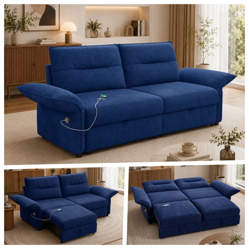 85" Convertible Sofa Bed, 2-in-1 Sleeper Sofa with Plush Fabric, Full-Size Pull-Out Couch with USB Charging Ports, Solid Wood Frame, High-Resilience Foam for Living Room & Small Space