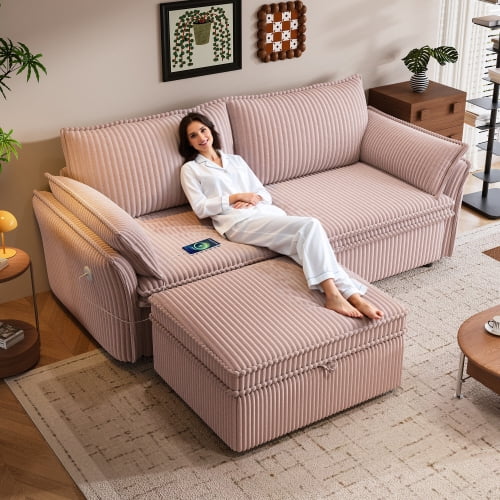 85" Convertible Sofa Bed, 85” 2-in-1 Pullout Couch with Corduroy Fabric, Multi-Functional Sleeper Sofa for Living Room Apartment, Pink