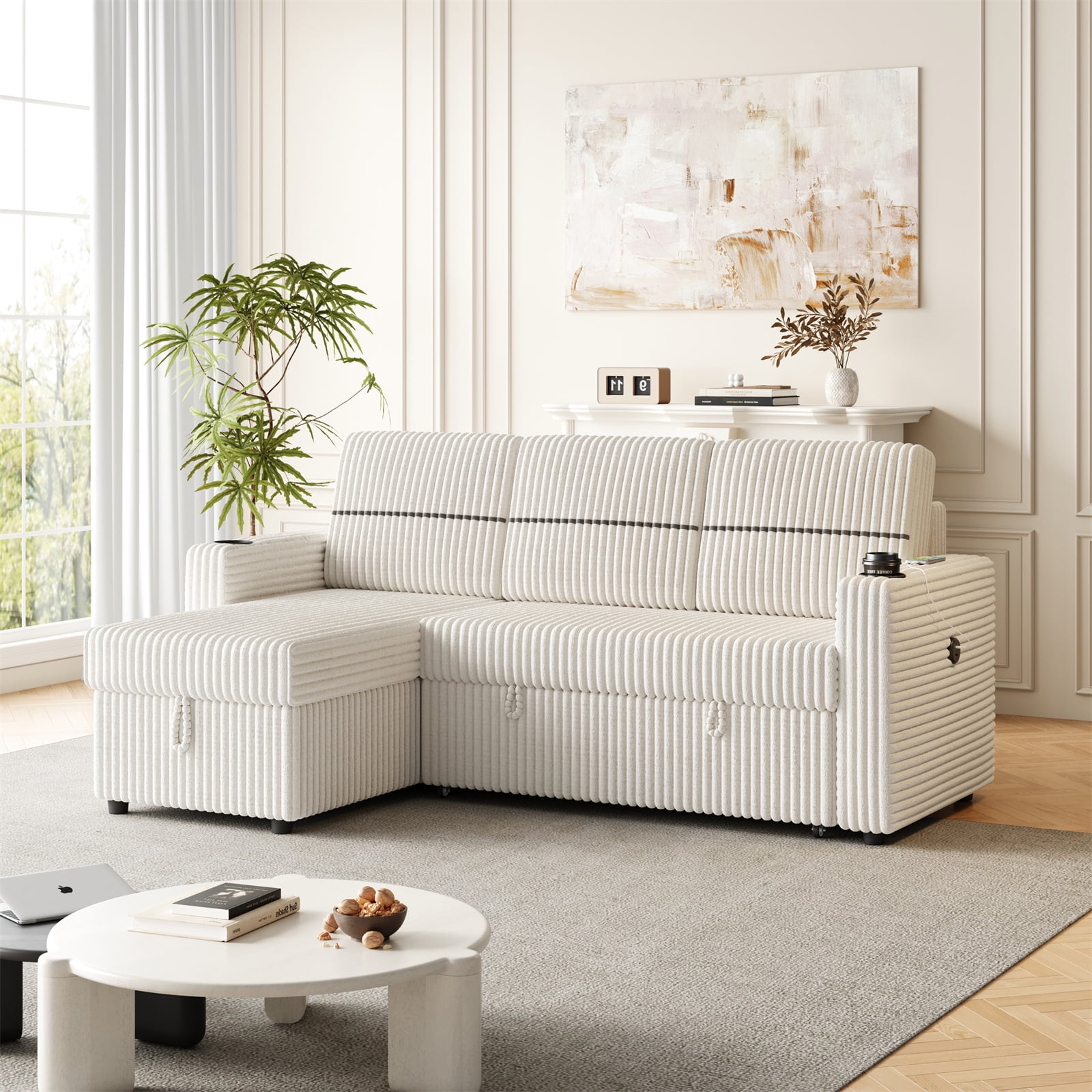 85" Corduroy Convertible Sofa Bed with Storage Chaise, L Shaped Pull ...