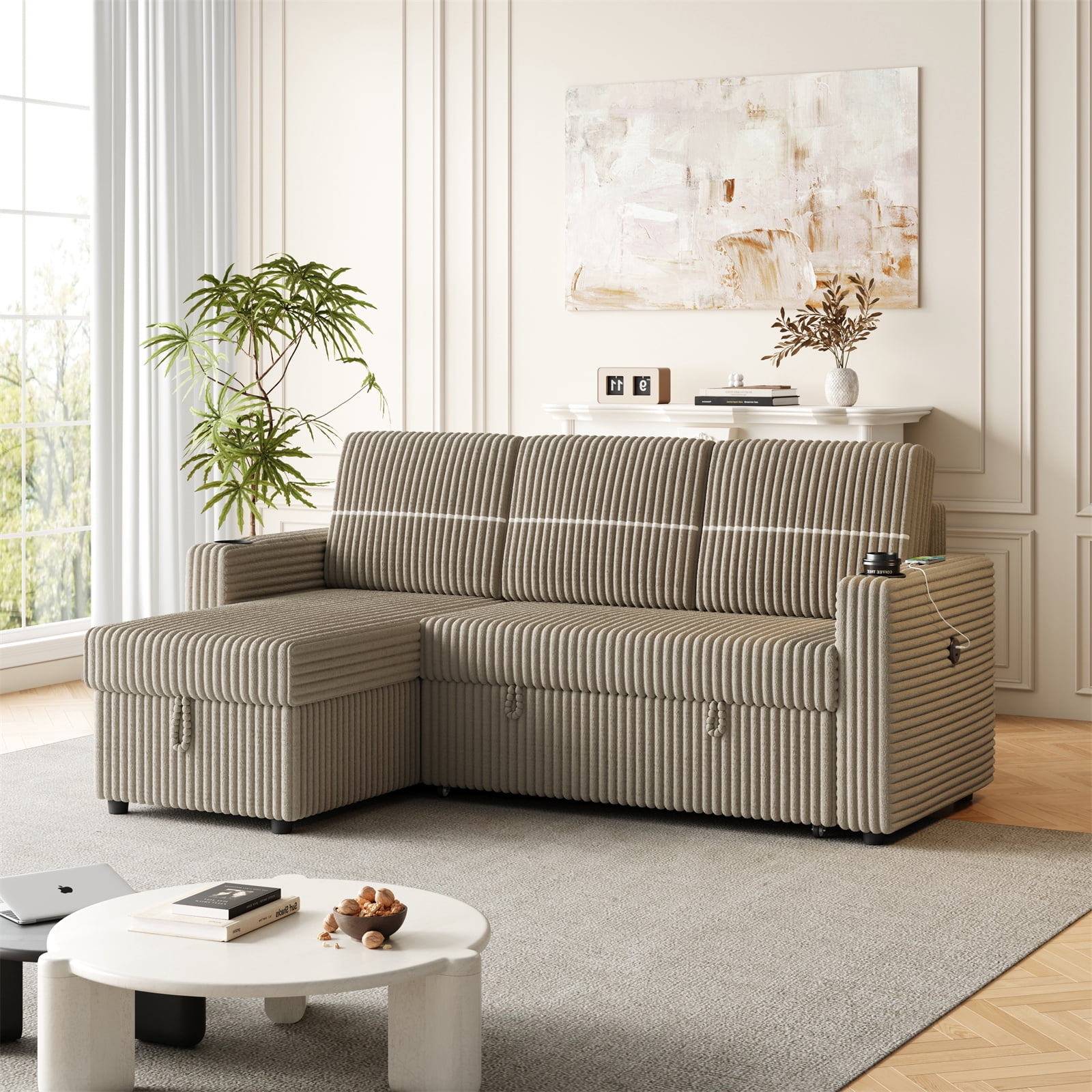 85" Corduroy Convertible Sofa Bed with Storage Chaise, L Shaped Pull ...